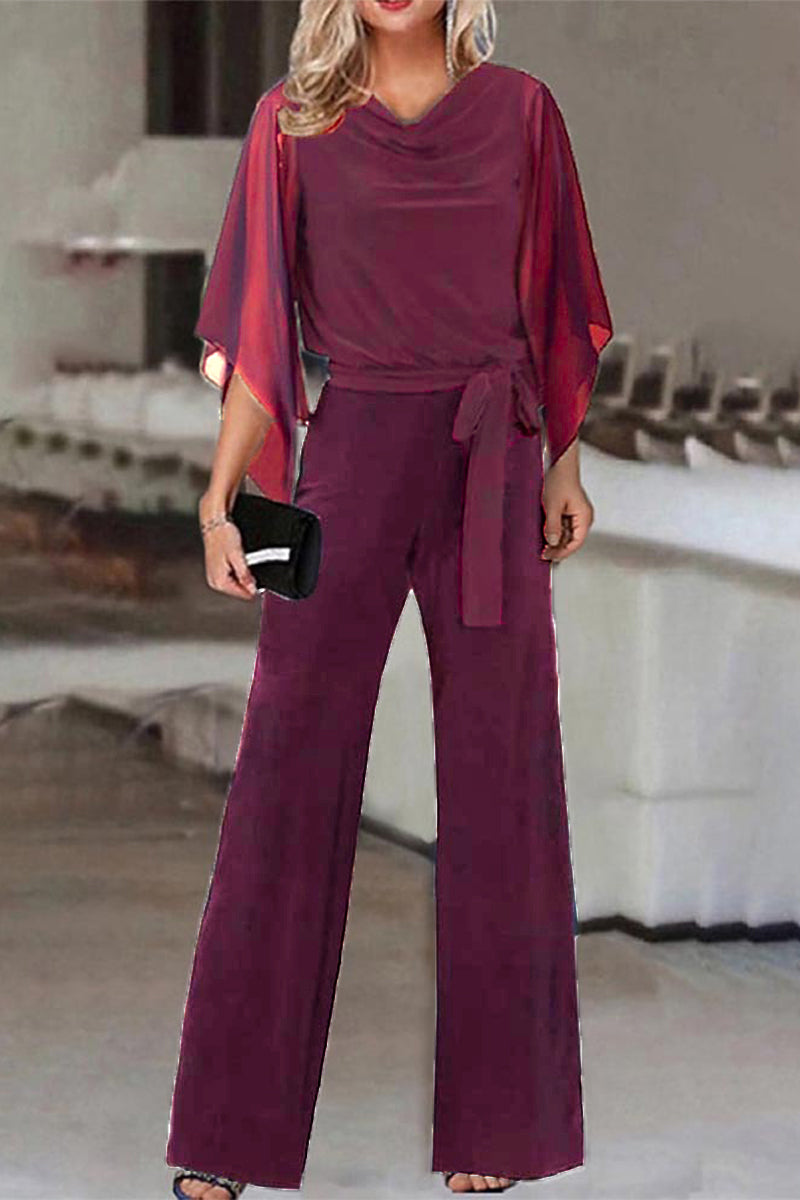 plain bandage asymmetrical-collar straight jumpsuits (4 colors)
