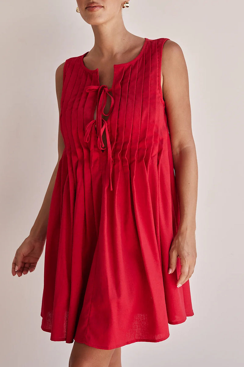 LP | Everyday casual dresses with pleated O-neckline and lacing (4 colors)