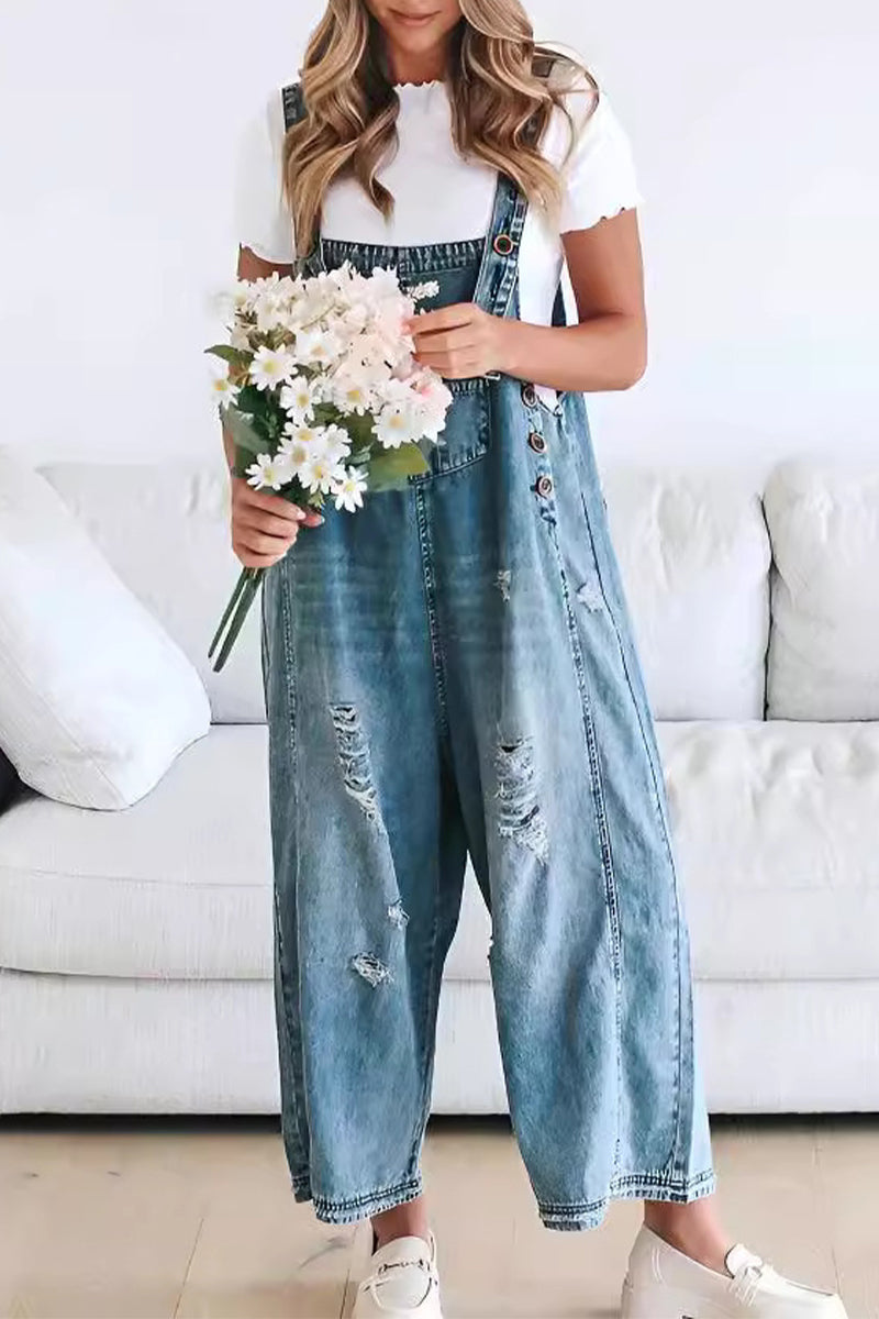 Casual Damaged Buttons Square Neck Sleeveless Loose Denim Jumpsuits