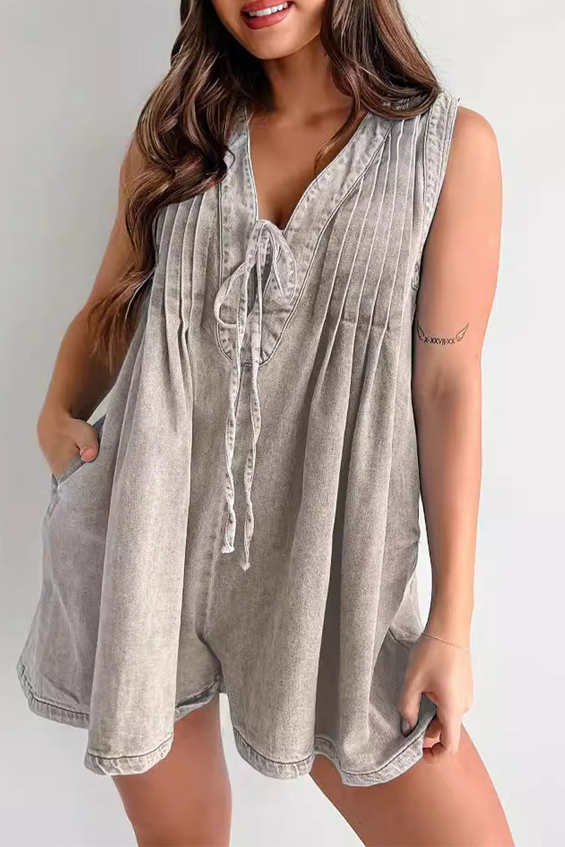 Casual Street Solid Colour Pocket Lace Up V Neck Sleeveless Loose Denim Jumpsuits