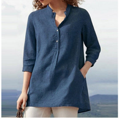 LP | Plain-colored shirt with three-quarter sleeves and high collar in cotton and linen