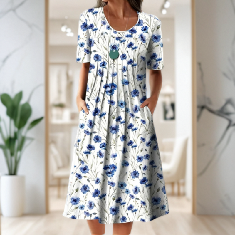 LD Wide dress with round neck, three-quarter sleeves and print pattern