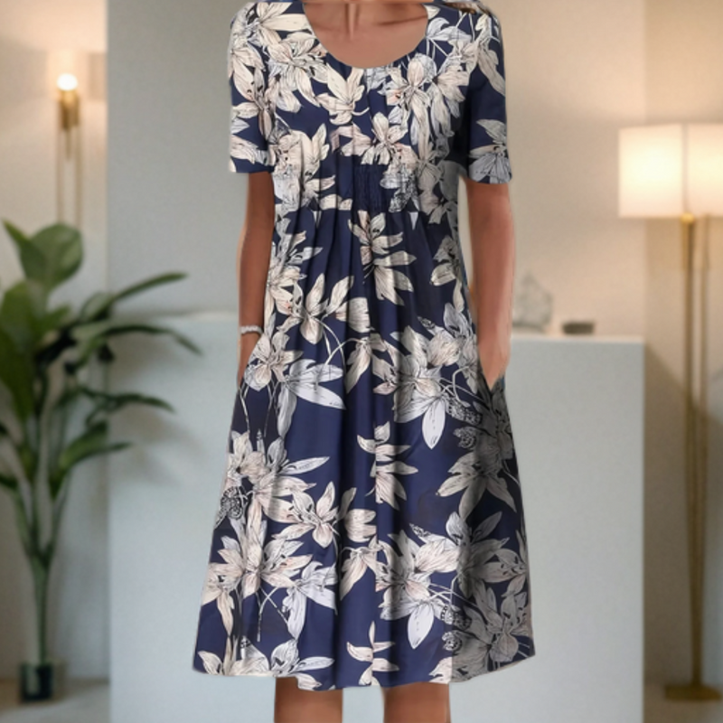 LD Wide dress with round neck, three-quarter sleeves and print pattern