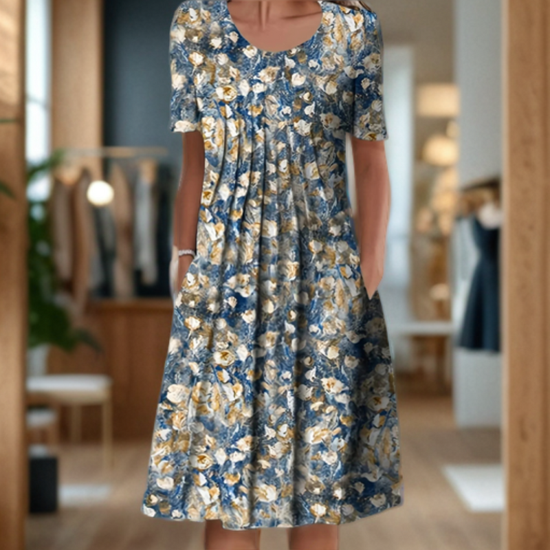 LD Wide dress with round neck, three-quarter sleeves and print pattern