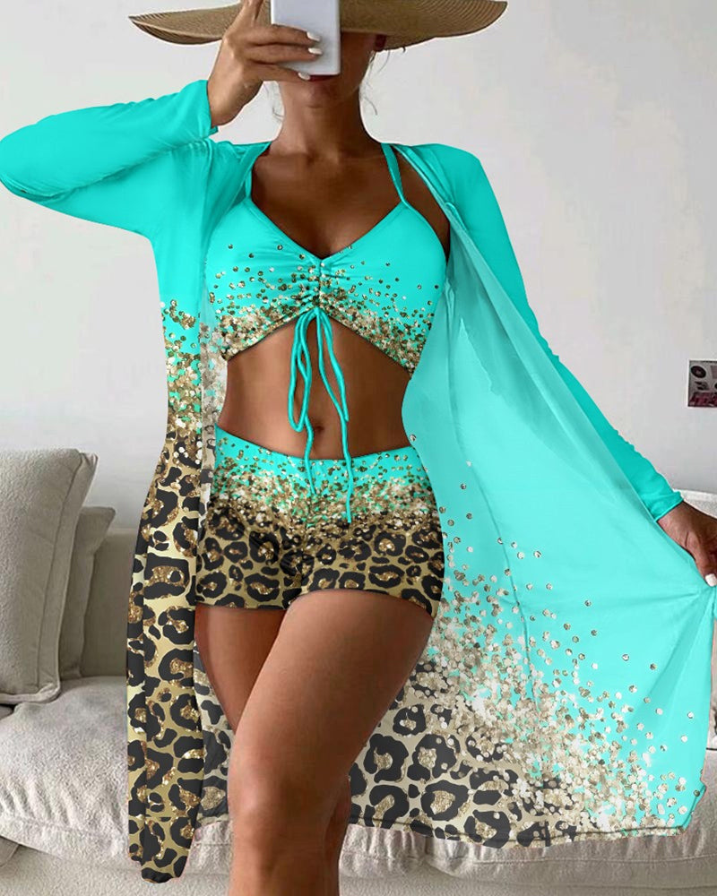Three-piece swimsuit with leopard ombre print