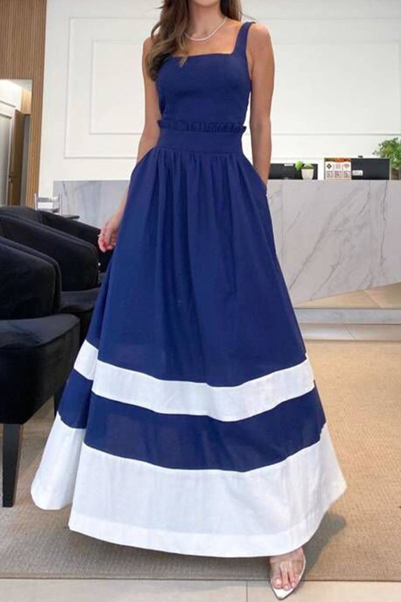 Striped patchwork casual dresses with straps and square neckline