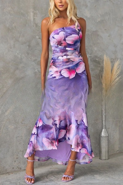 LD Long party dress with floral print and asymmetrical pleats