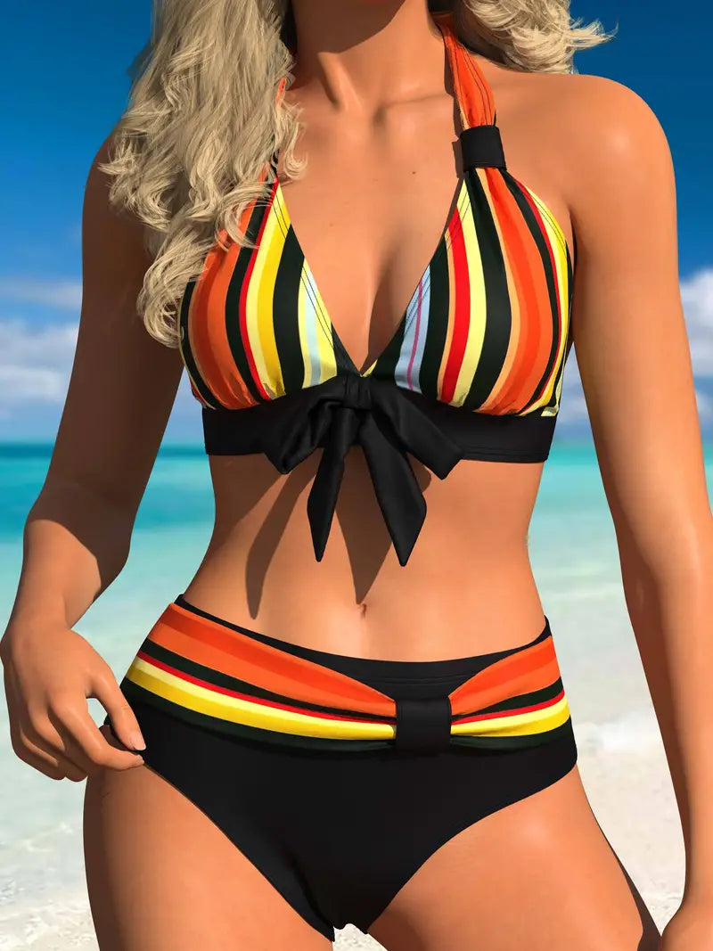 Halter bikini with colorful stripe print and drawstring