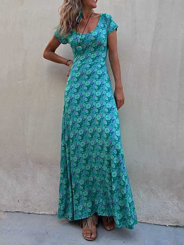 LP | Elasticized Short sleeves Floral pattern Concave pattern U-neck Reversible long dresses