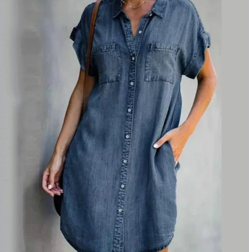 denim leisure dress with short sleeves