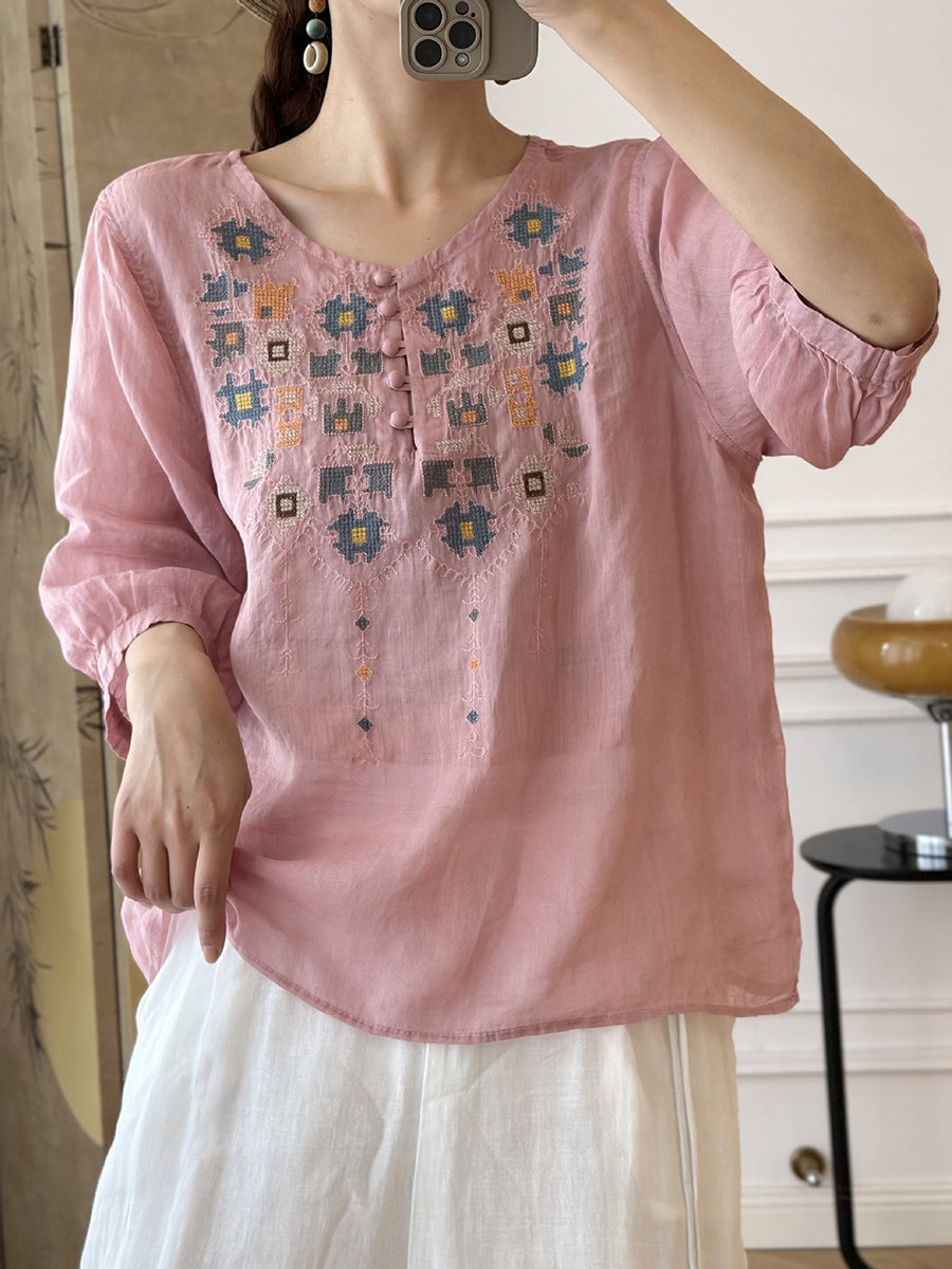 LP | Women's summer shirt in ramie with ethnic embroidery