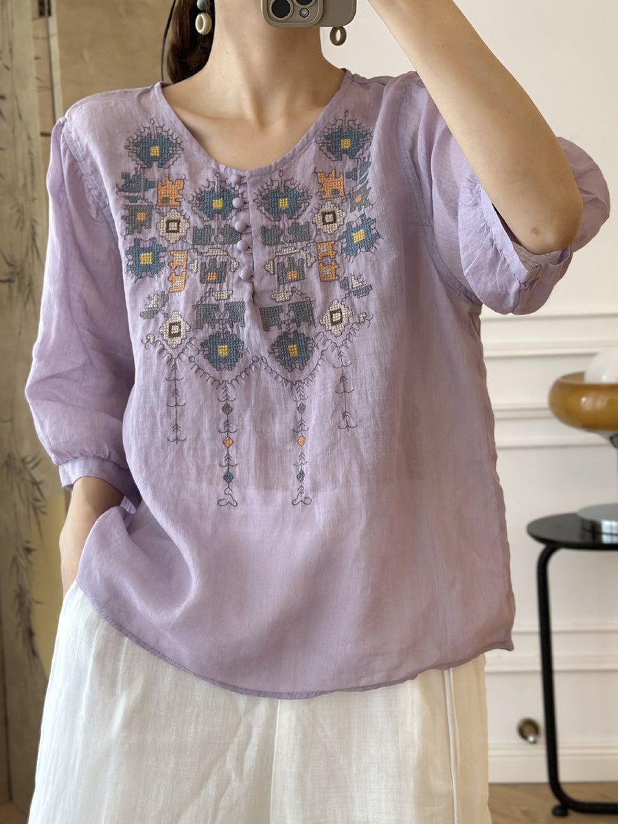 LP | Women's summer shirt in ramie with ethnic embroidery