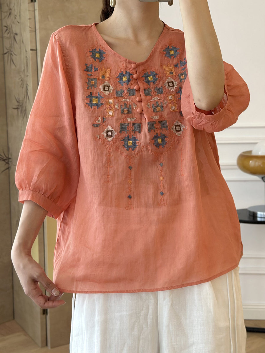 LP | Women's summer shirt in ramie with ethnic embroidery