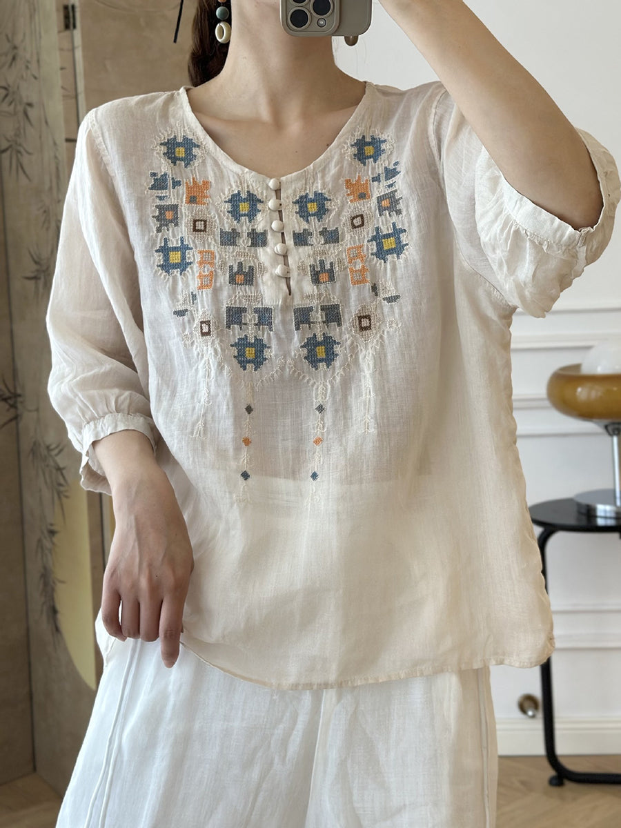LP | Women's summer shirt in ramie with ethnic embroidery