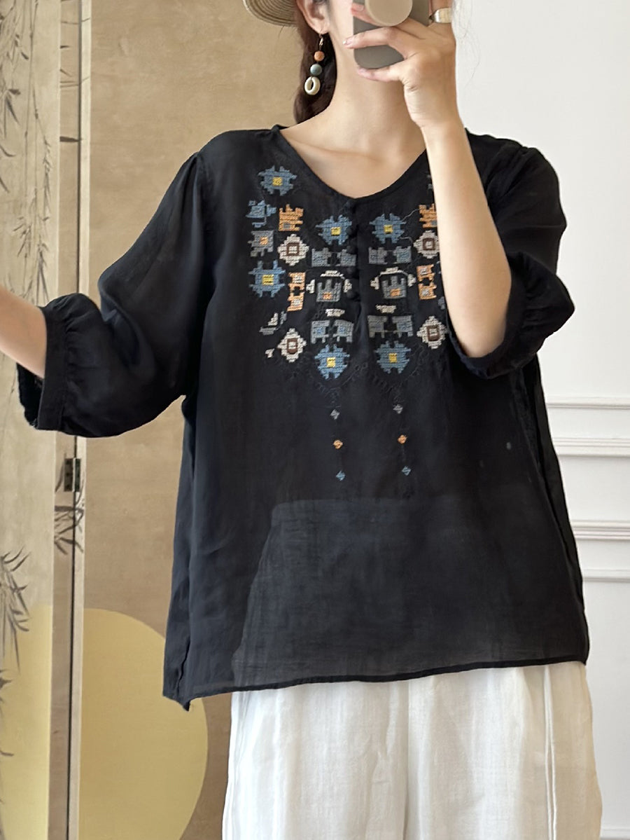 LP | Women's summer shirt in ramie with ethnic embroidery