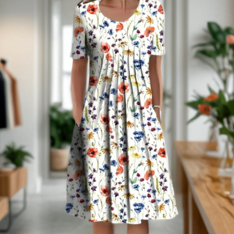 LD Wide dress with round neck, three-quarter sleeves and print pattern