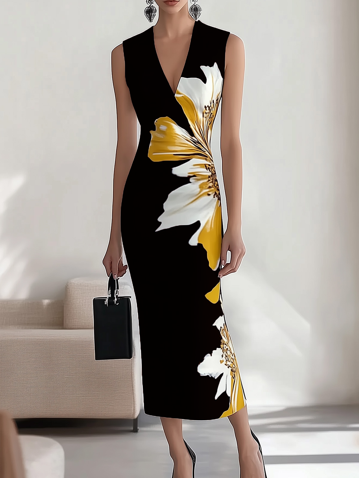 LD Long sleeveless dress with V-neck and floral print