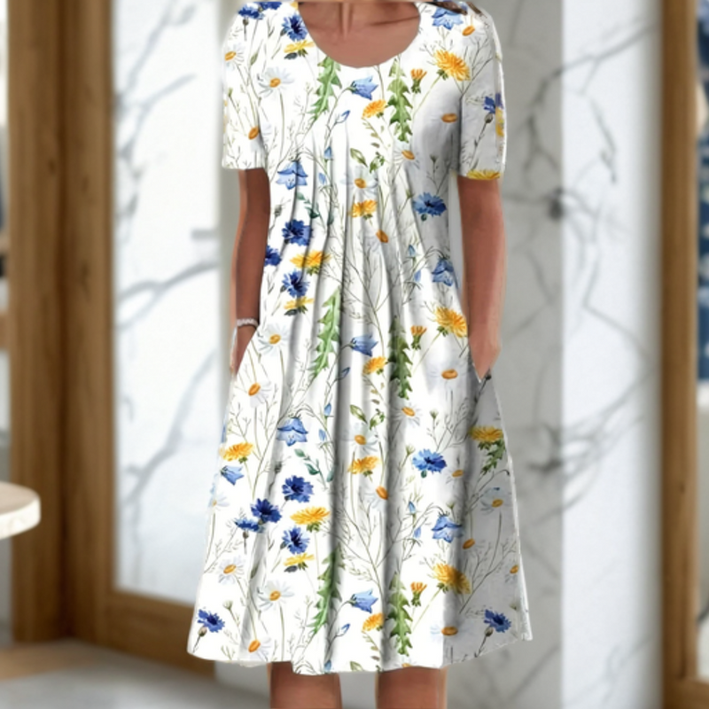 LD Wide dress with round neck, three-quarter sleeves and print pattern