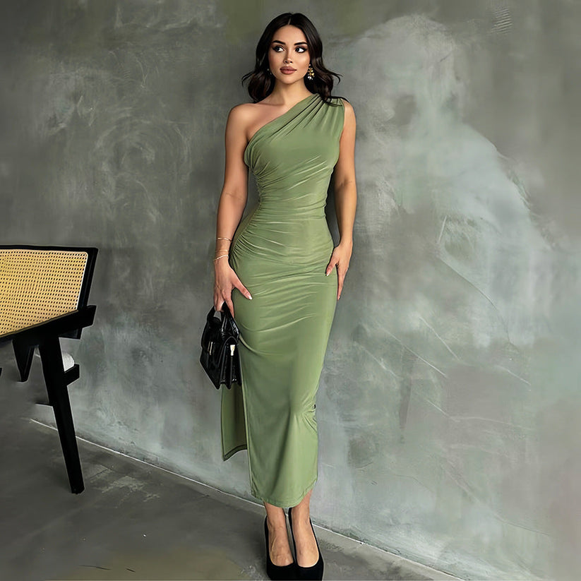 Elegant long one-shoulder dress with a sophisticated design