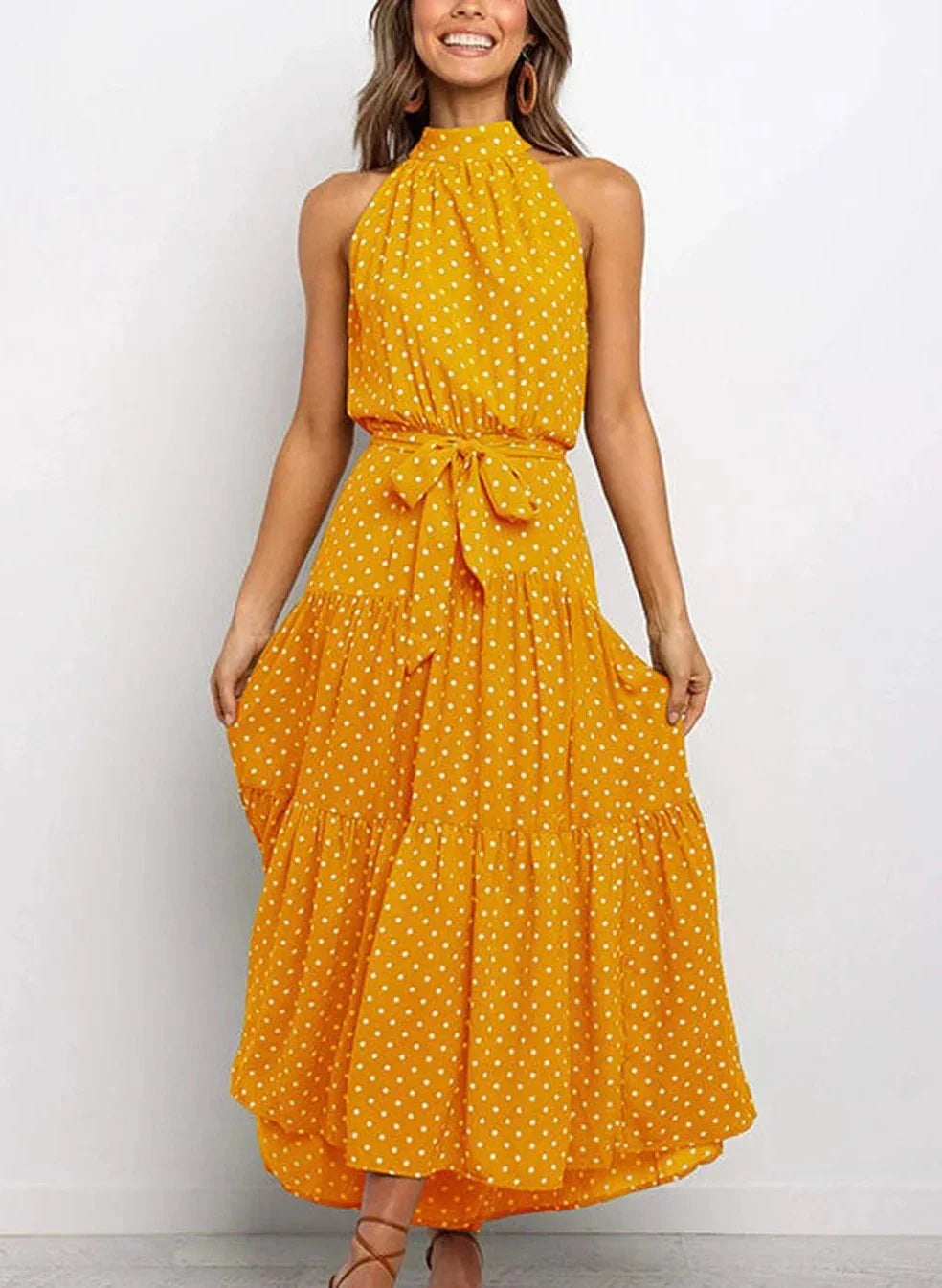 Printed long dress with bow at the waist