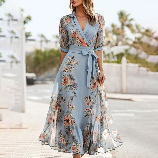 Levine - Blue Midi Dress with Short Sleeves and Pointed Neckline