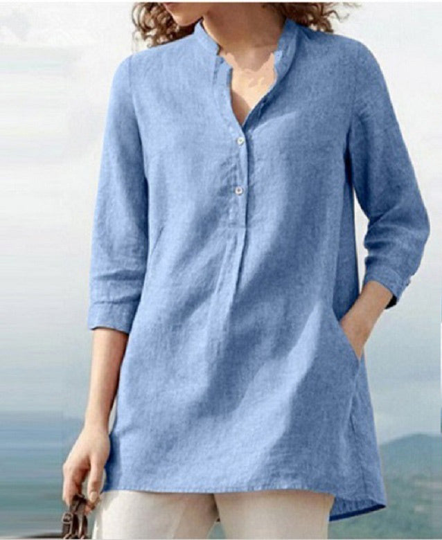 LP | Plain-colored shirt with three-quarter sleeves and high collar in cotton and linen