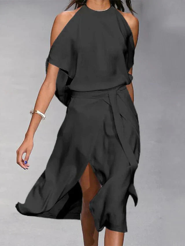 LD | Asymmetrical midi dress with bare shoulders and elegant movement
