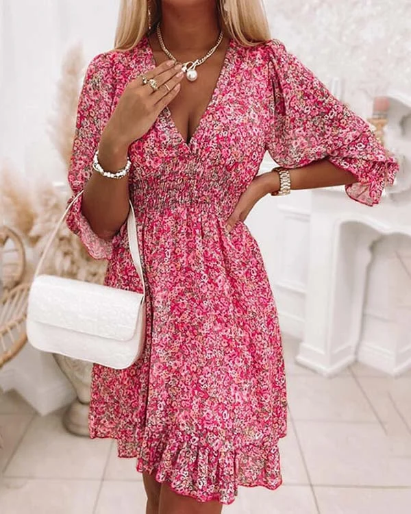 Bohemian flower dress with short sleeves