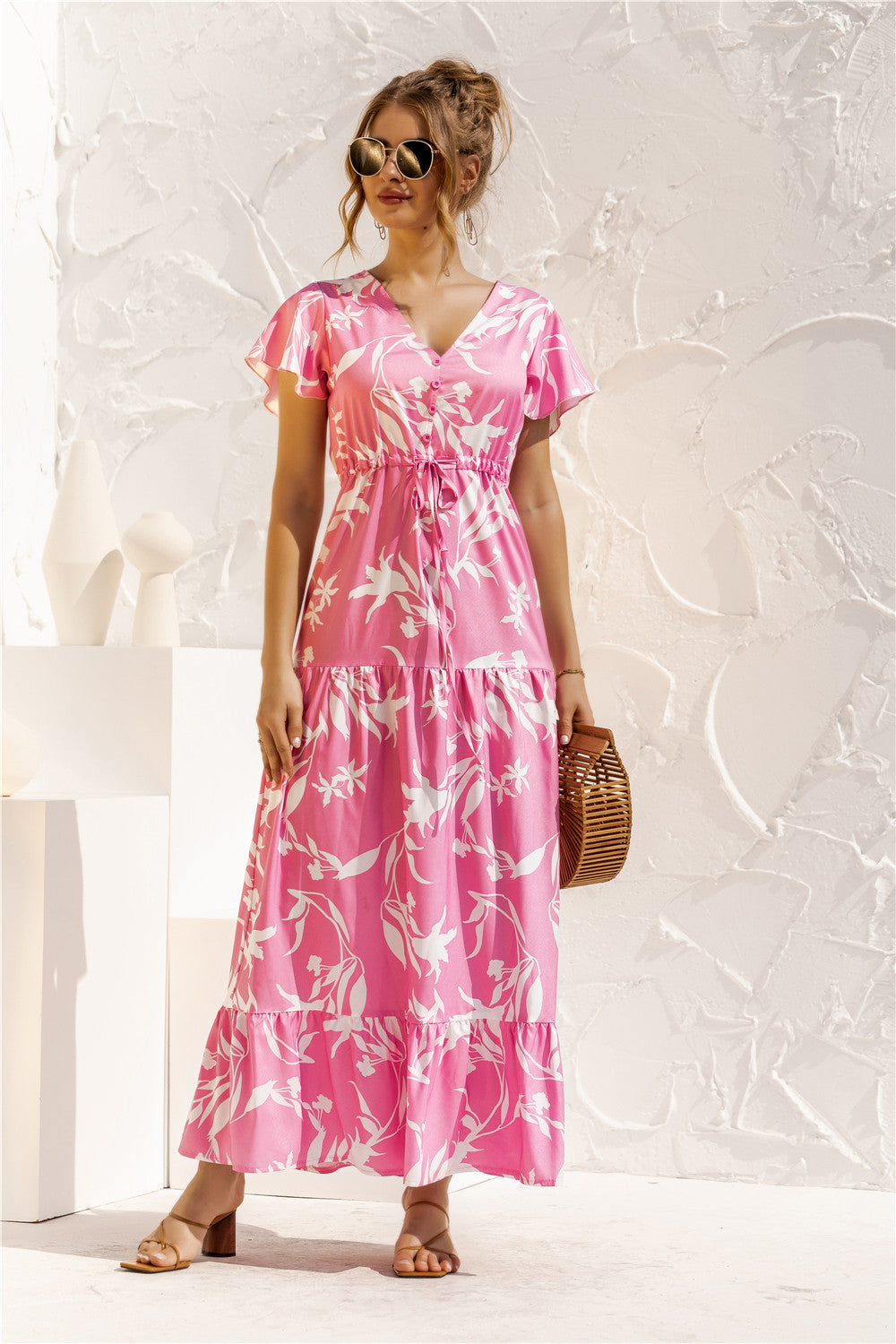 Floral print button and lace long dress with V-neck and short sleeves spring summer