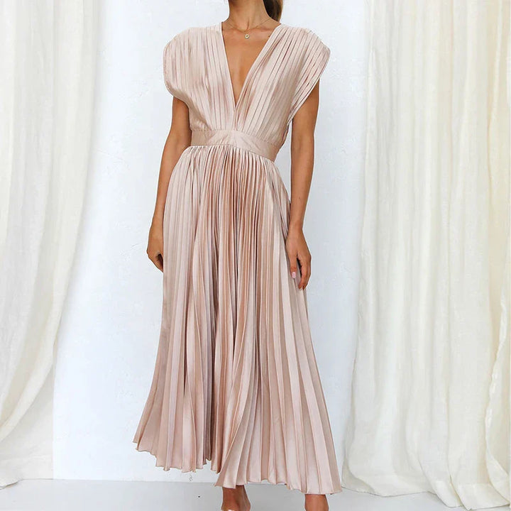 Pleated midi dress with V-neck and elegant short sleeves