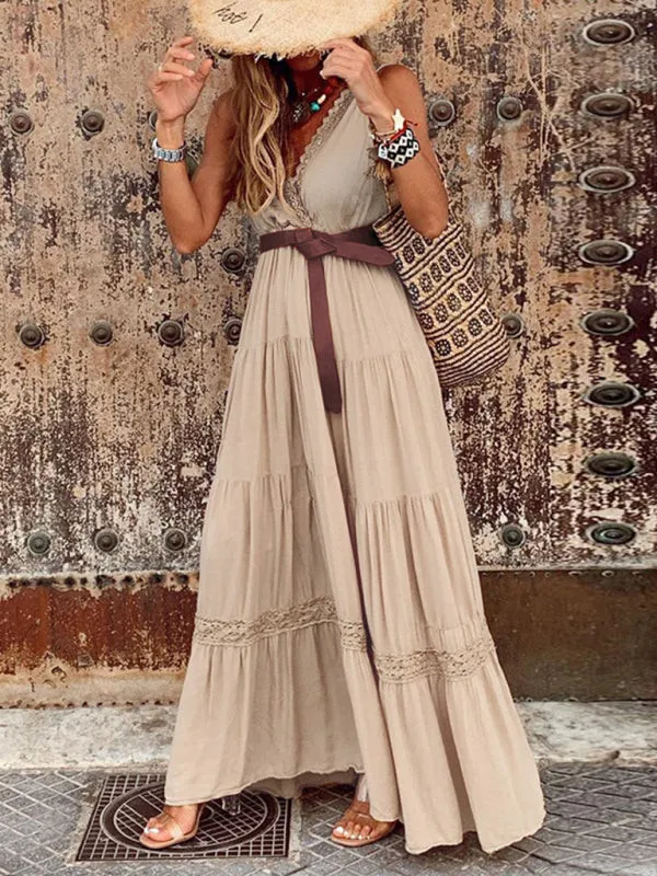 New French-style maxi dress with high waist and V-neckline with seams and midi length