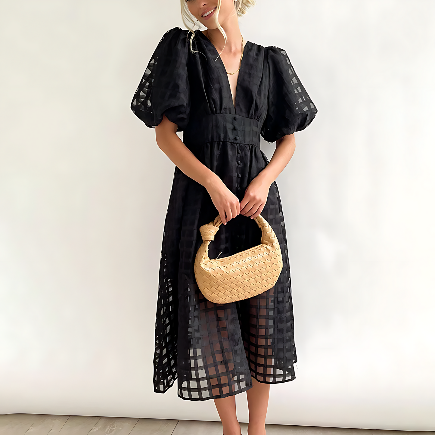 Elegant summer midi dress with short puff sleeves