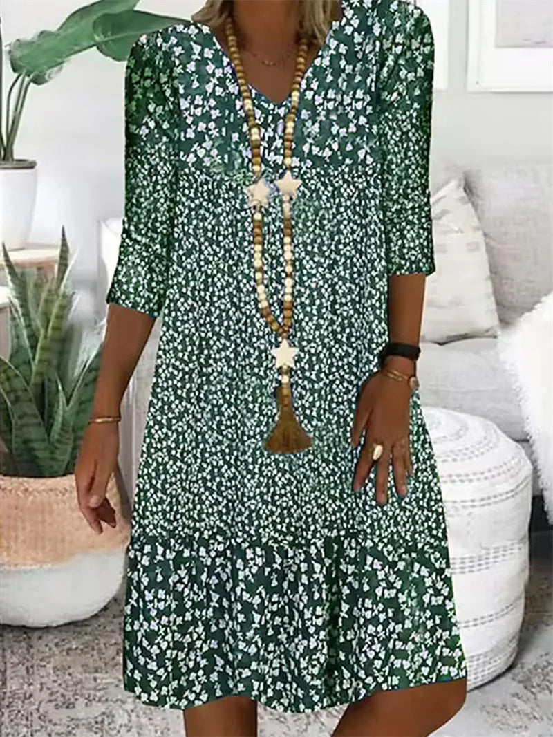Mia | Boho Midi Dress – Casual Loose Fit with V-Neck and 3/4 Sleeves