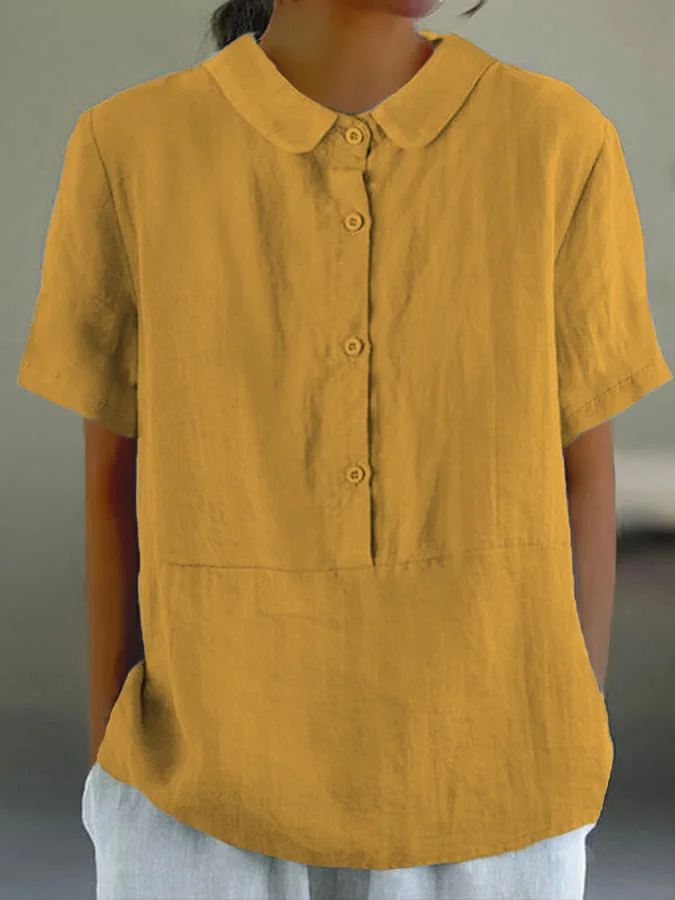 LP | Santorini - One-color women's casual shirt with round neckline and buttons.