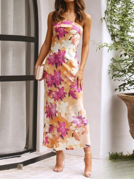 Dresses Long, fitted bandeau dress with floral print