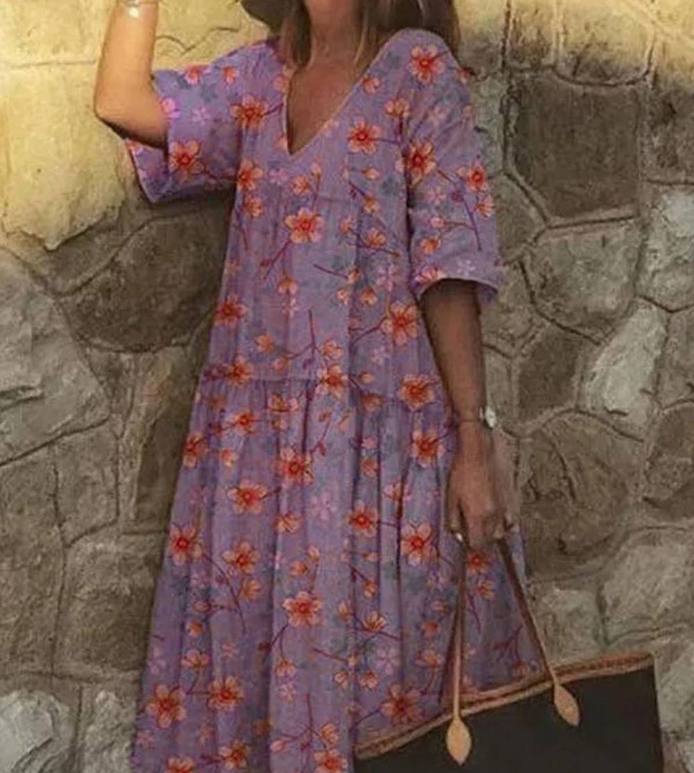 V-neck casual dress with floral print