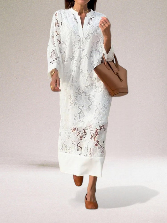 Elegant long dress with classically-inspired openwork details