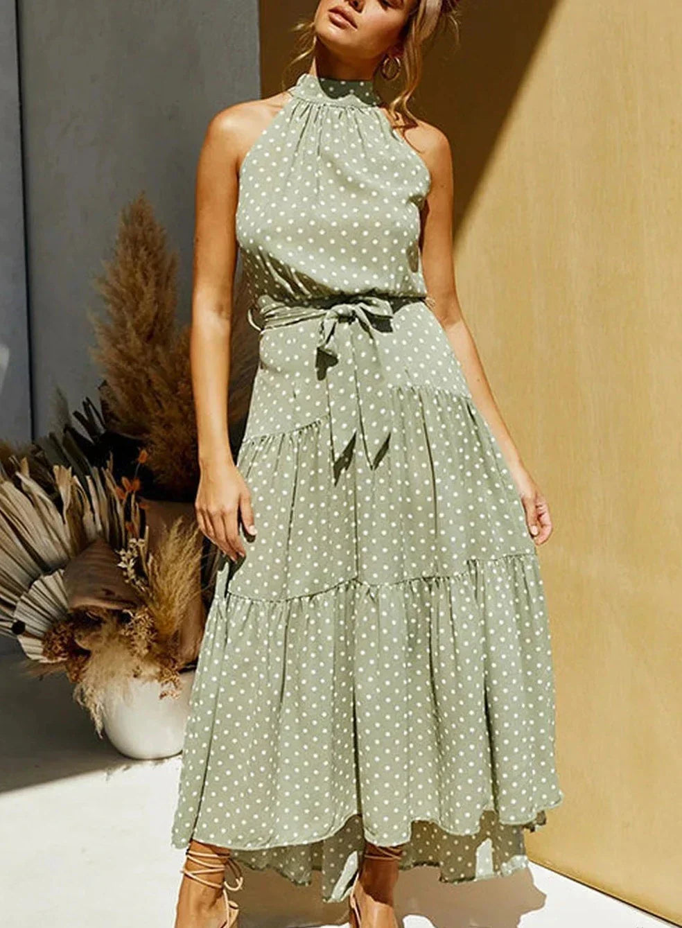 Printed long dress with bow at the waist