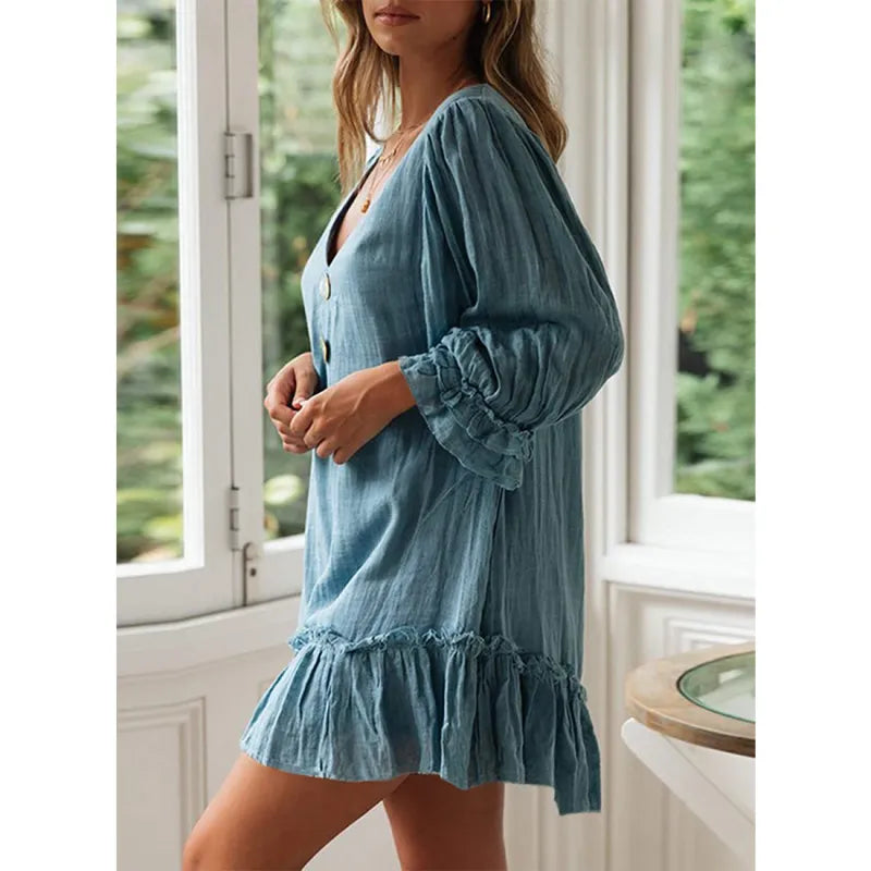 LD Casual dress with flared sleeves, V-neck and fringe
