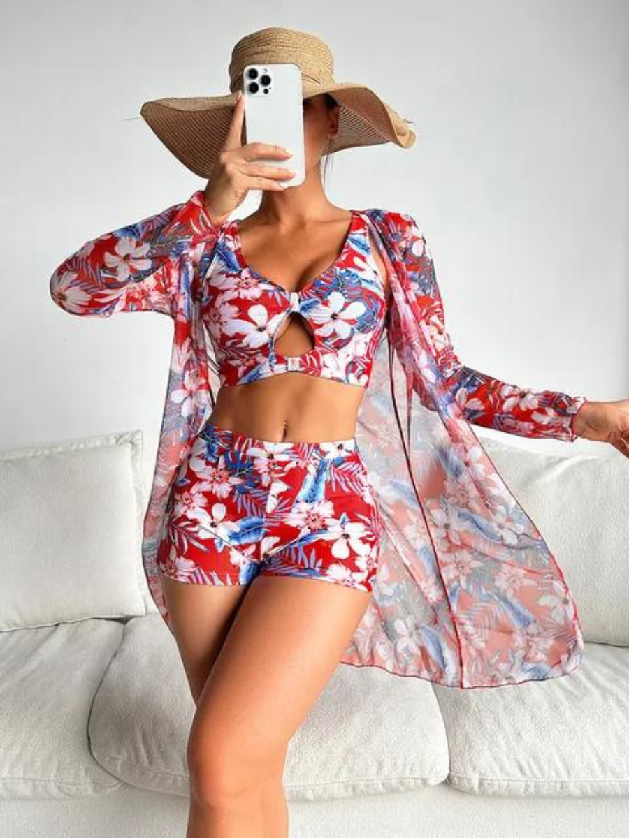 Sexy flowered swimsuit with high waist