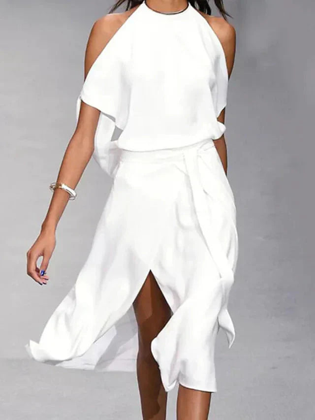 LD | Asymmetrical midi dress with bare shoulders and elegant movement