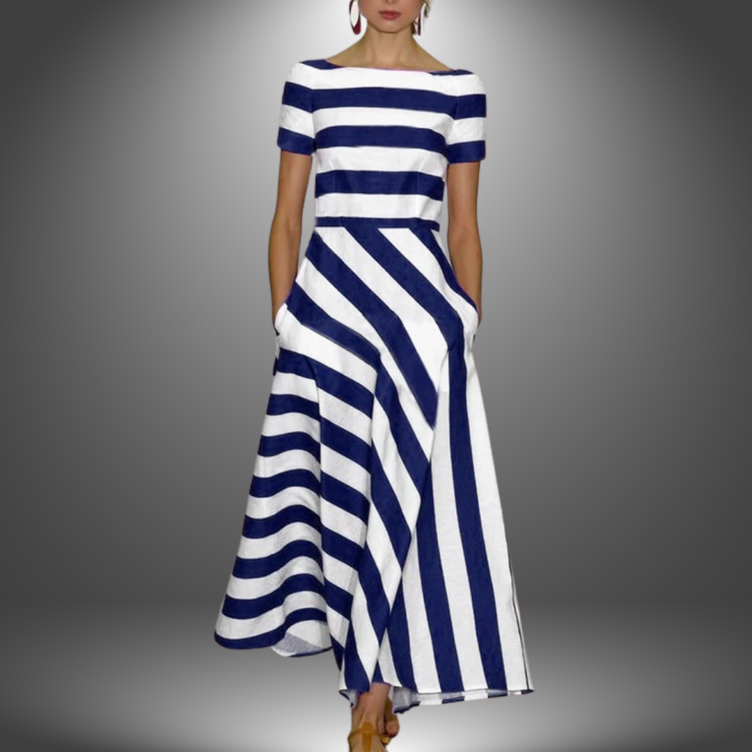Elegant long dress with striped pattern and short sleeves