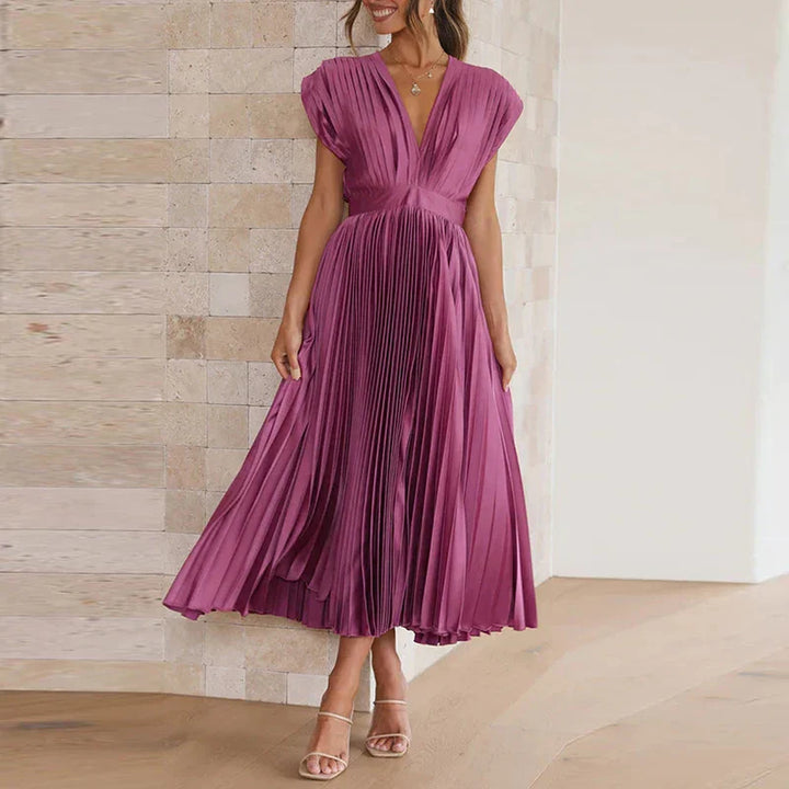 Pleated midi dress with V-neck and elegant short sleeves
