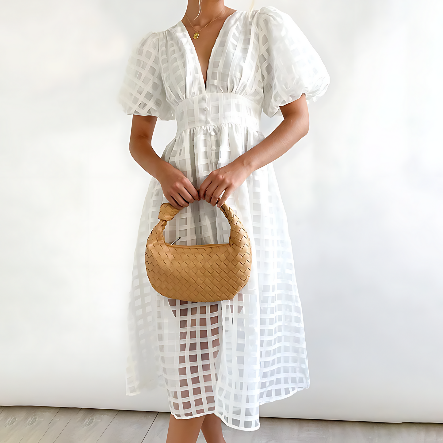 Elegant summer midi dress with short puff sleeves