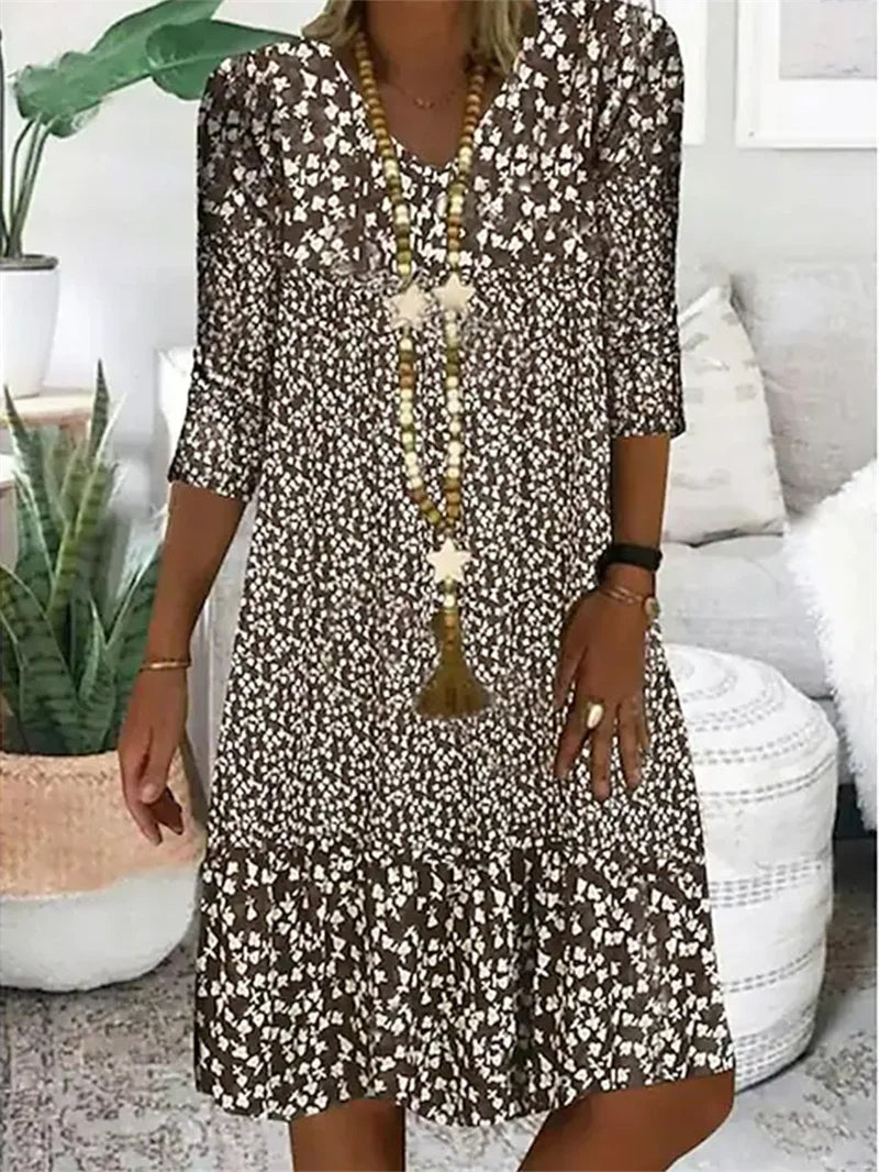 Mia | Boho Midi Dress – Casual Loose Fit with V-Neck and 3/4 Sleeves