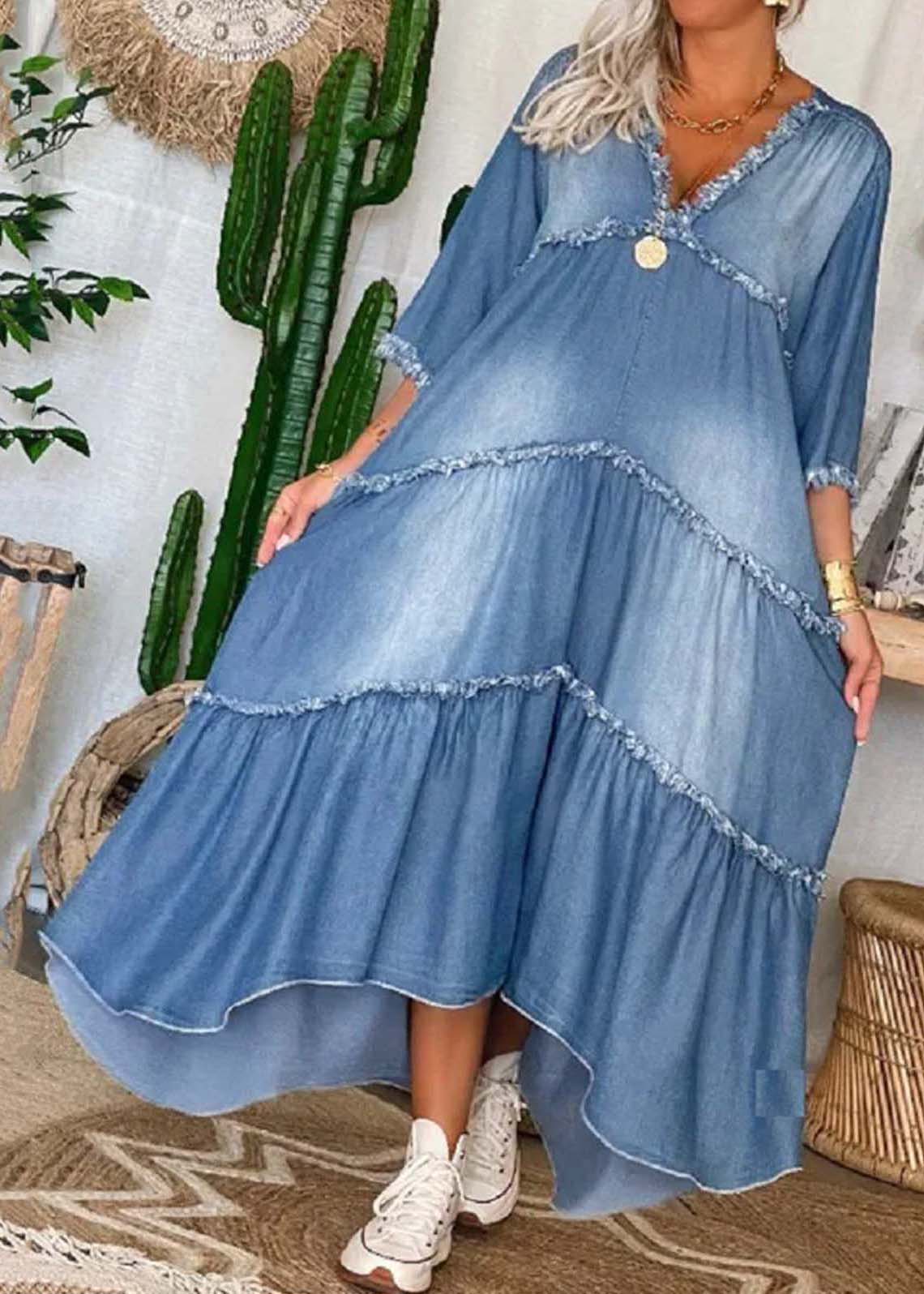LP | Chic navy blue Patchwork denim v-neck with tassels Long dress with half sleeves
