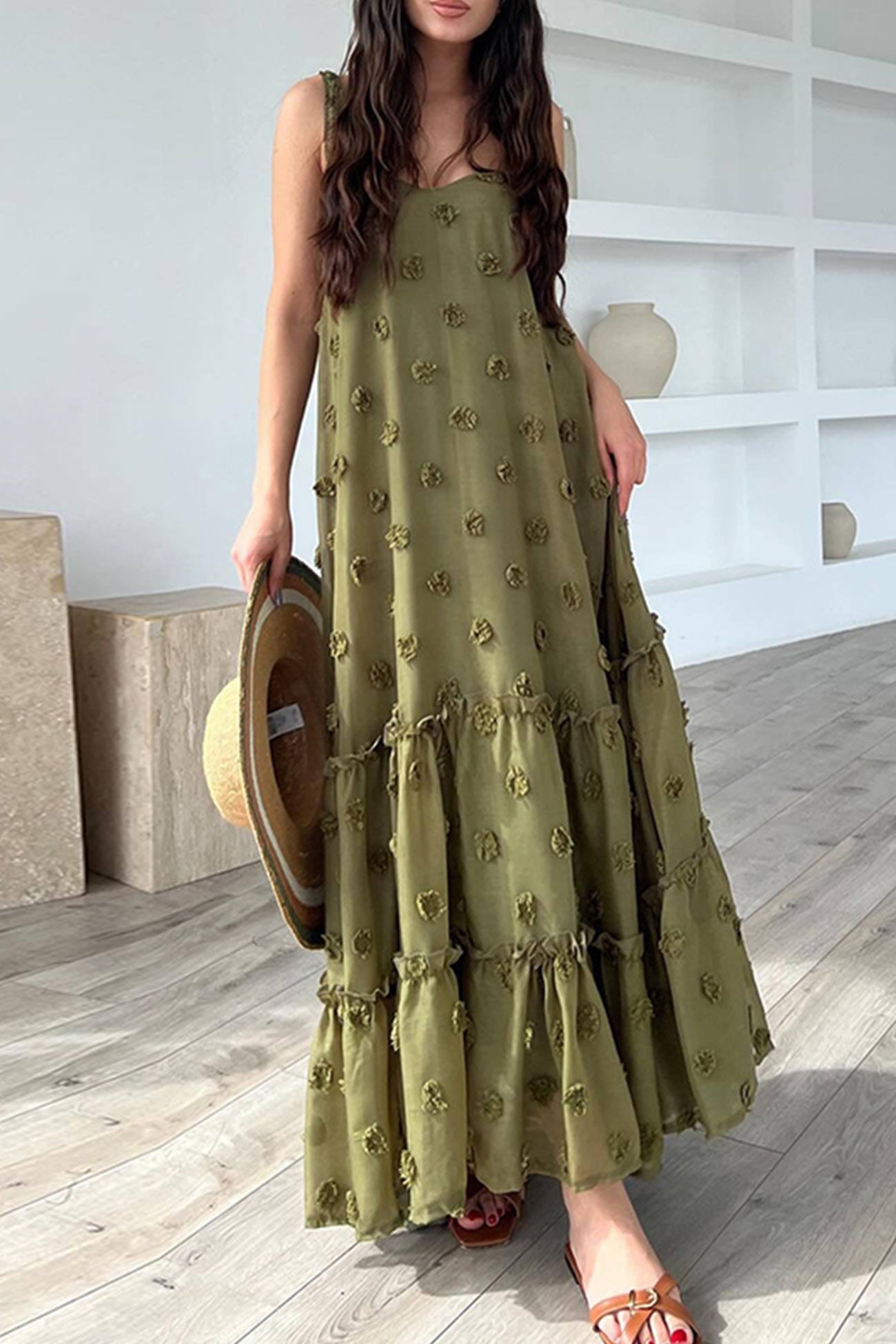 Floral dress with multiple layers and wide hemline