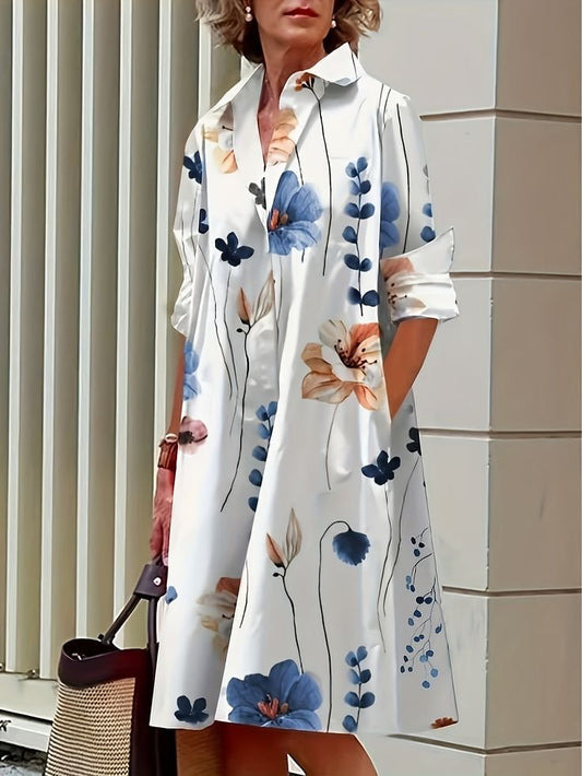 Casual shirt dress with flowers and slit pockets