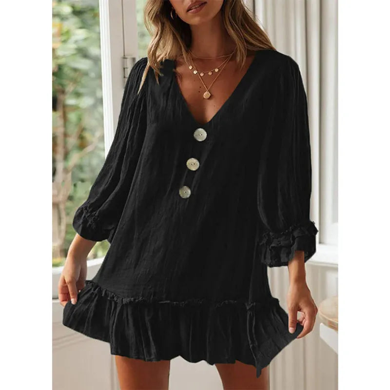 LD Casual dress with flared sleeves, V-neck and fringe