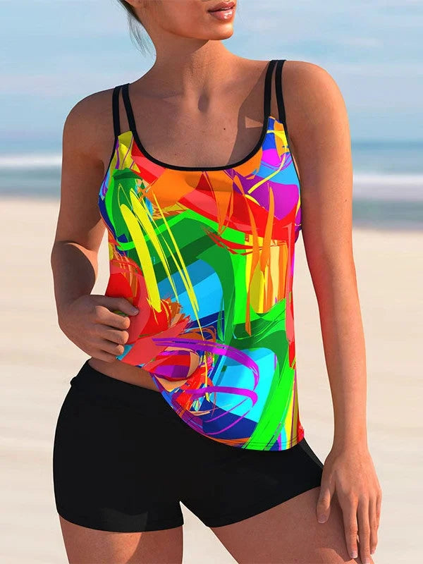Plus Size Swimwear Sleeveless Floral Printed Light Striped Tankini